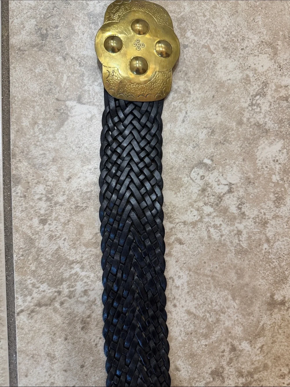 Vintage Woven Black Leather Belt with Brass Skull Buckle